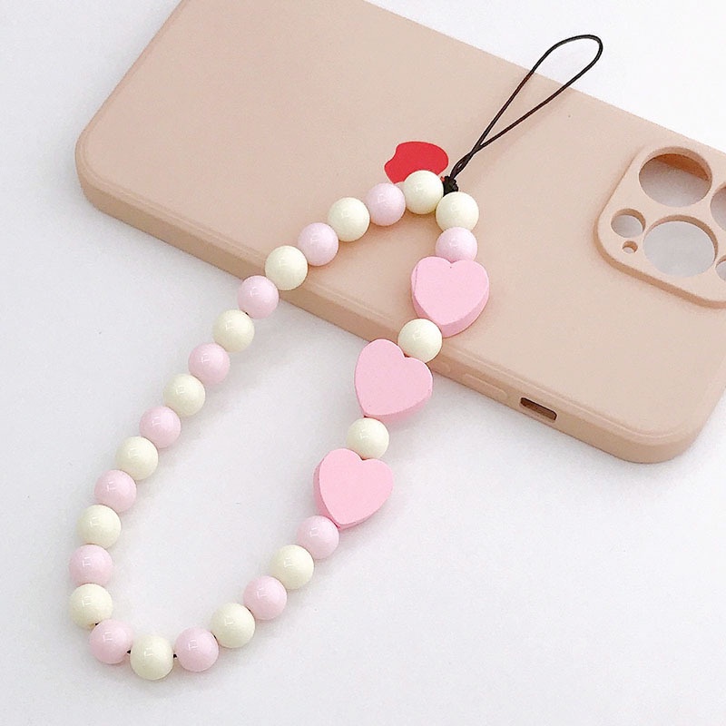 Mix Candy Color Wooden Love Heart Manik-Manik Bulat Rantai Anti Hilang Untuk iPhone Android OPPO VIVO Huawei Xiaomi Redmi Samsung Semua Ponsel Earphone Case Gelang