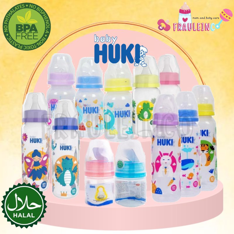 *FRAULEINCO* HUKI Baby Botol Susu 60ml 120ml 240ml Dot Nipple Silicone Gepeng / Bulat ROUND Botol Susu HUKI Bayi Newborn / Baby Bottle