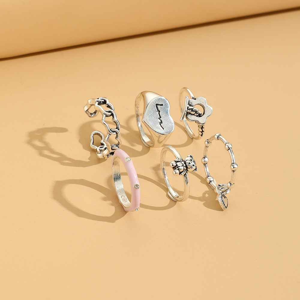 Gadis Lucu Kreatif Bunga Kecil Rantai Huruf Cinta Tetesan Minyak Berlian Cincin Set6
