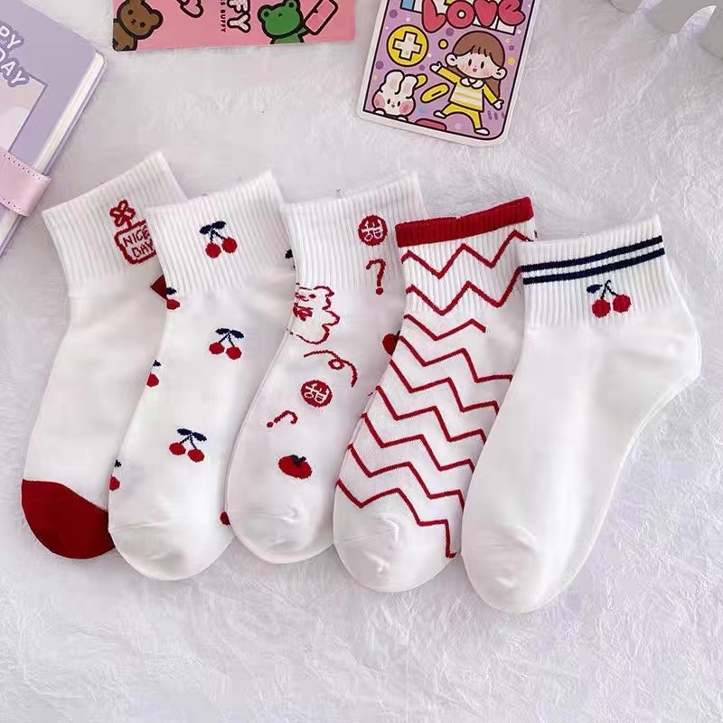 Alibaba1688 Kaos Kaki Wanita Pendek Semata Kaki Motif Buah Cerry Cute Import
