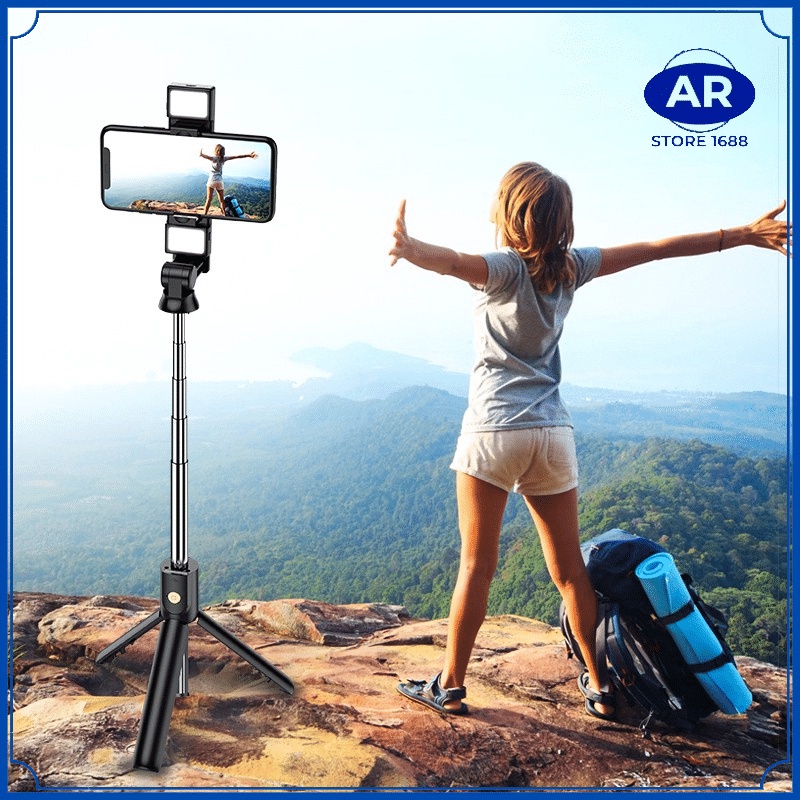 AR Selfie stick R1S tongsis 4in1 plus Remote Control Bluetooth Tripod Plus Lampu Flash