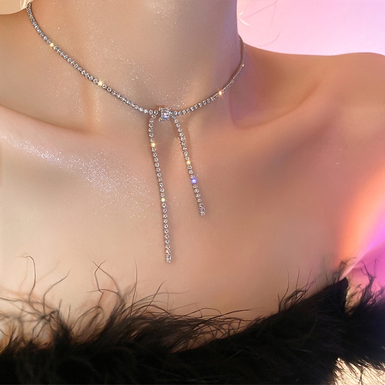 Kalung Busur Zirkon Elegan Untuk Wanita Kristal Perak Rantai Choker Perhiasan Aksesoris