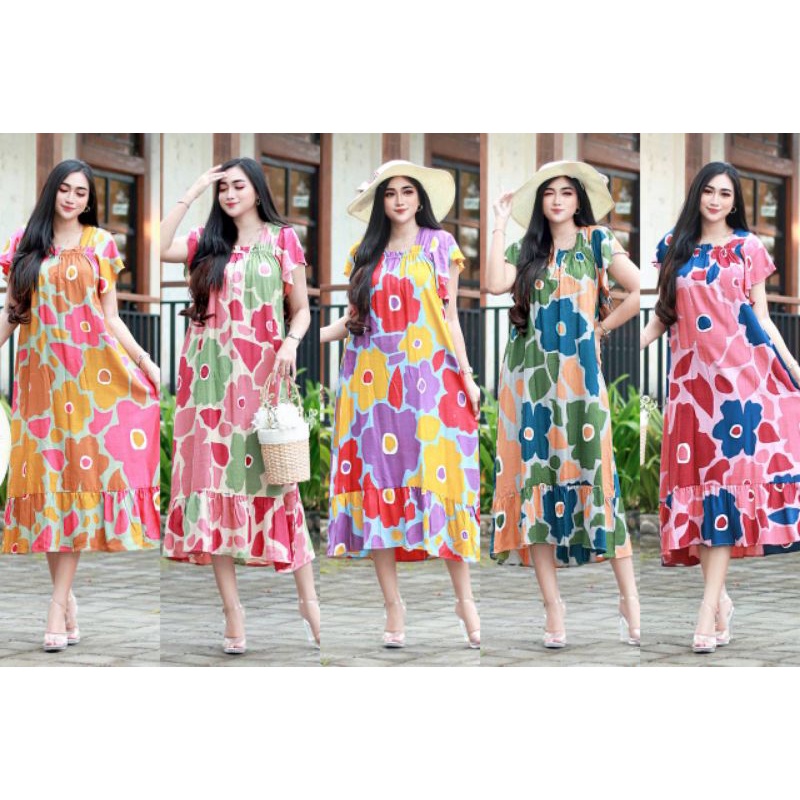 DRESS LUNA MOTIF BUNGA DASTER RAYON MOTIF BUNGA PREMIUM SERUT / LUNA SERIES ZARA MAWAR DASTER ANDIN 