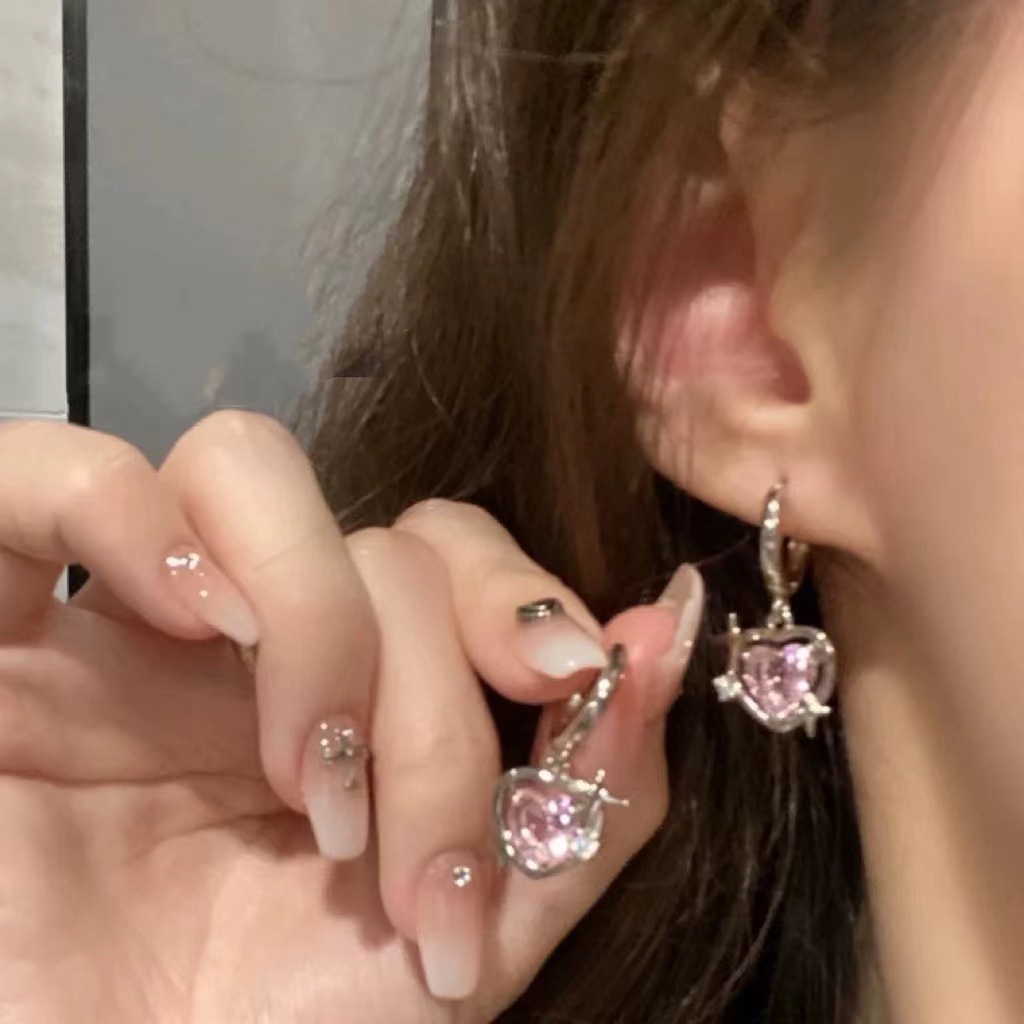 Gadis Manis Jantung Liontin Kalung Drop Anting Cincin Merah Muda Zirkon Kristal Silver Rantai Choker Earring Rings Untuk Wanita Perhiasan Aksesoris