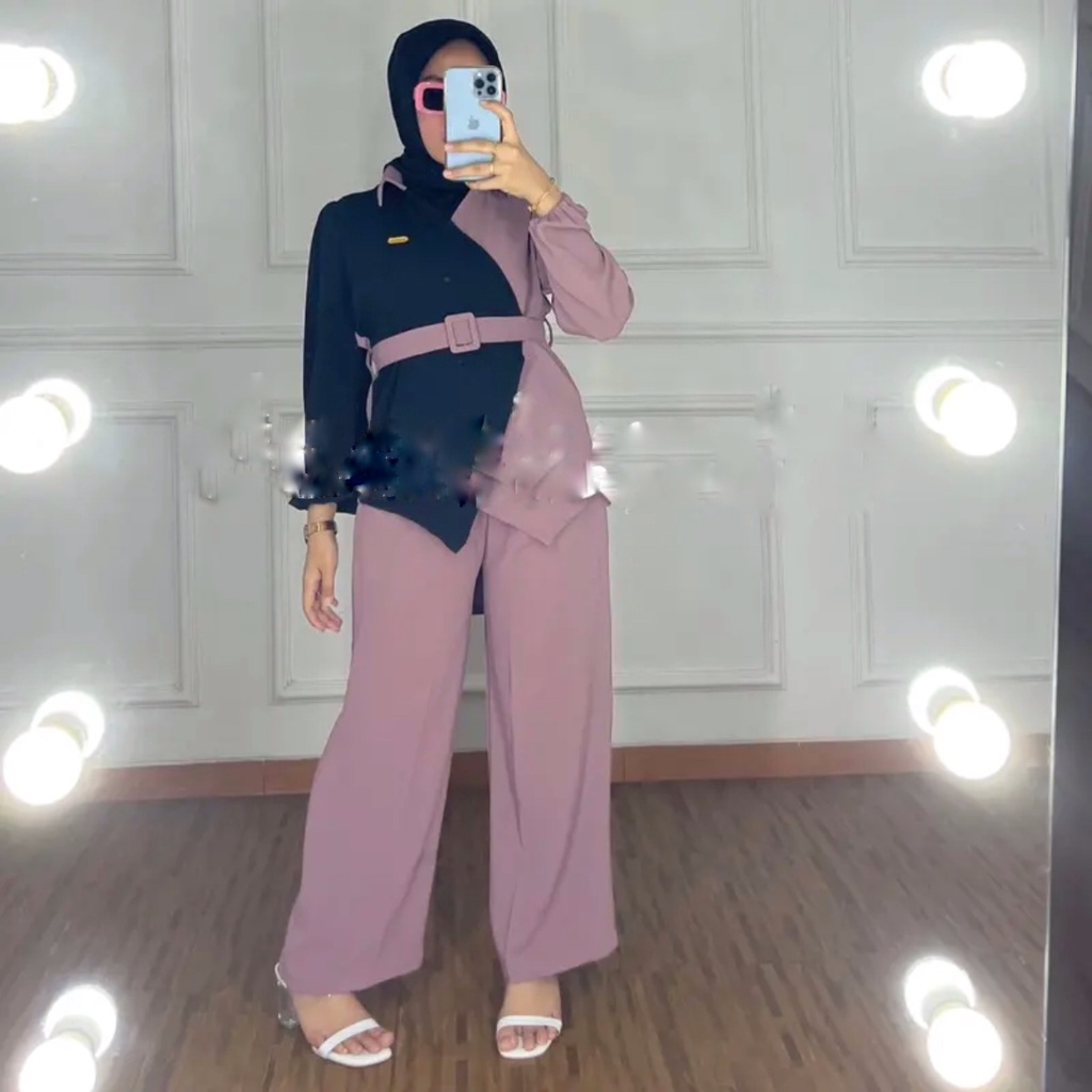 Diana Setelan Wanita Belt Korean Style Crinkle Airflow One Set Kekinian Kombinasi Warna Viral