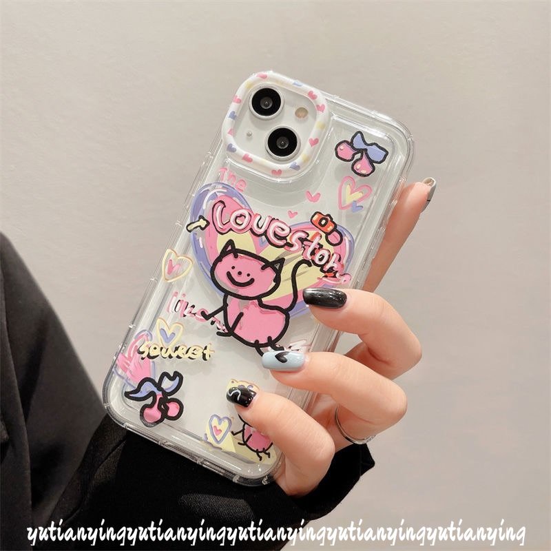 IPHONE Ins Lucu Kartun Graffiti Cinta Hati Kucing Case Kompatibel Untuk Iphone11 7 8 Plus XR 14 13 12 Pro MAX X XS MAX 6 6S Plus Airbag Shockproof Lembut Silicon TPU Penutup Belakang