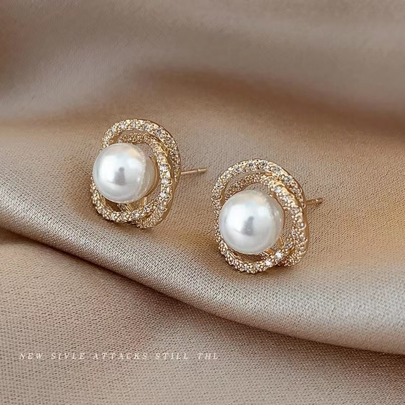 IFYOU Anting Tusuk Emas Mutiara Mewah Untuk Wanita Kristal Spiral Earring Aksesoris Fashion Perhiasan