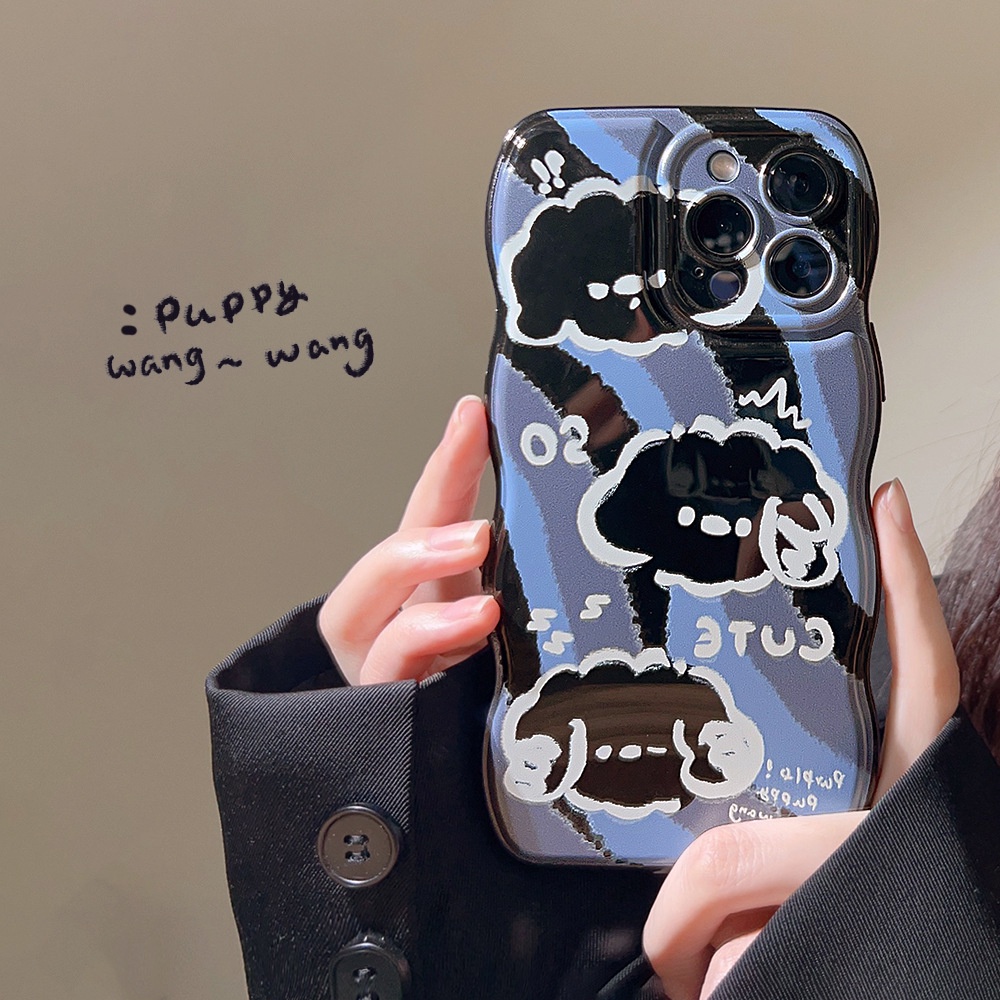 IPHONE Ins Keren Anjing Hitam Kartun Silikon Wavy Edges Case Untuk Iphone14 11 12 13 PRO MAX Casing Cover Pelindung AT0046