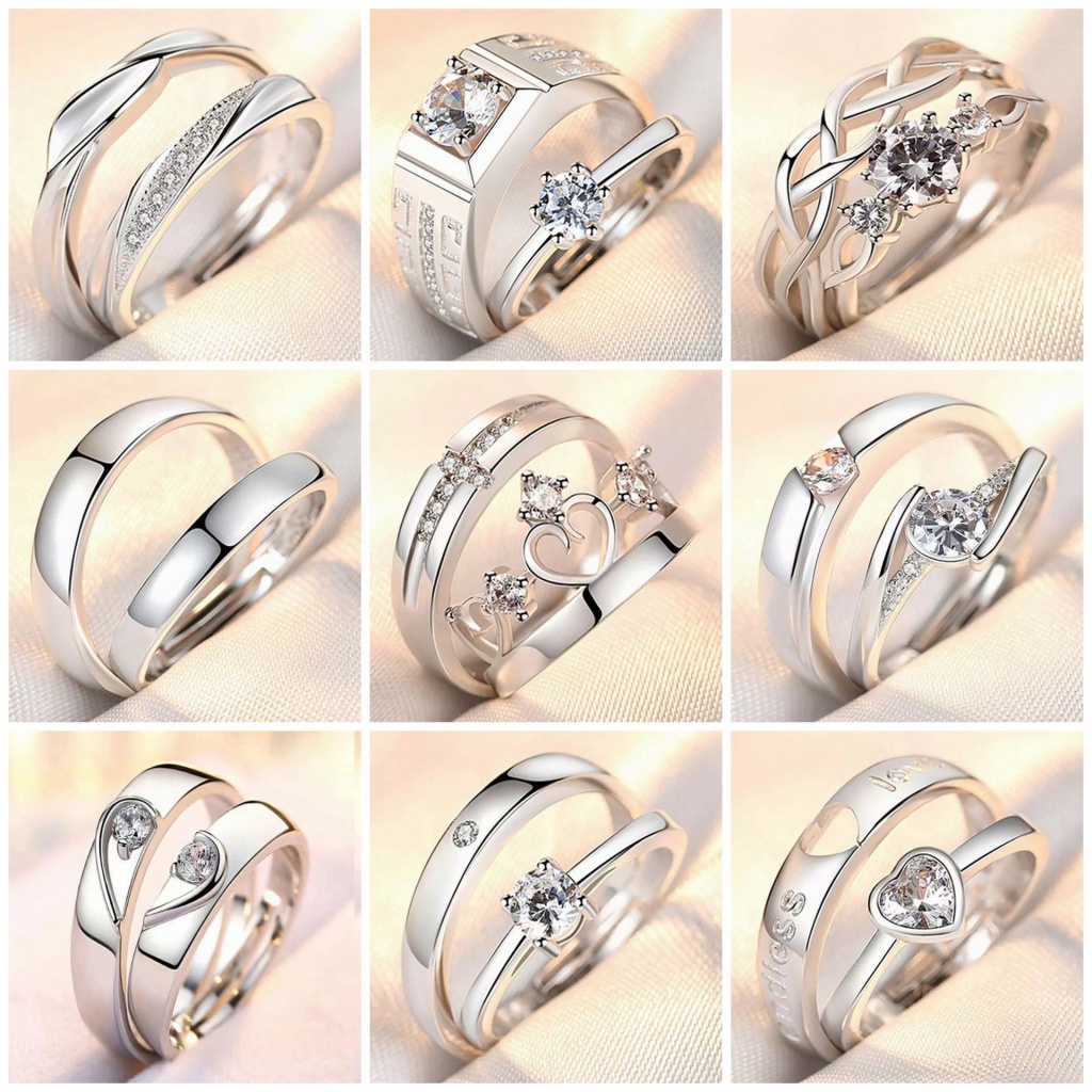Simulasi Berlian Cincin Cinta Pasangan Pria Wanita Sederhana Temperamen Modis Versi Korea Mahkota Zirkon Pasangan Cincin Terbuka Pernikahan Pasangan Cincin