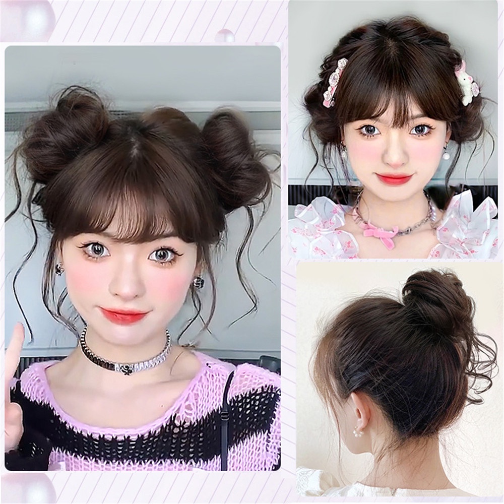 1pasang Y2K Rumbai Fluffy Round Bun Wig Untuk Gadis Manis Muda Wanita Kepala Bola Ganda Aksesoris Rambut