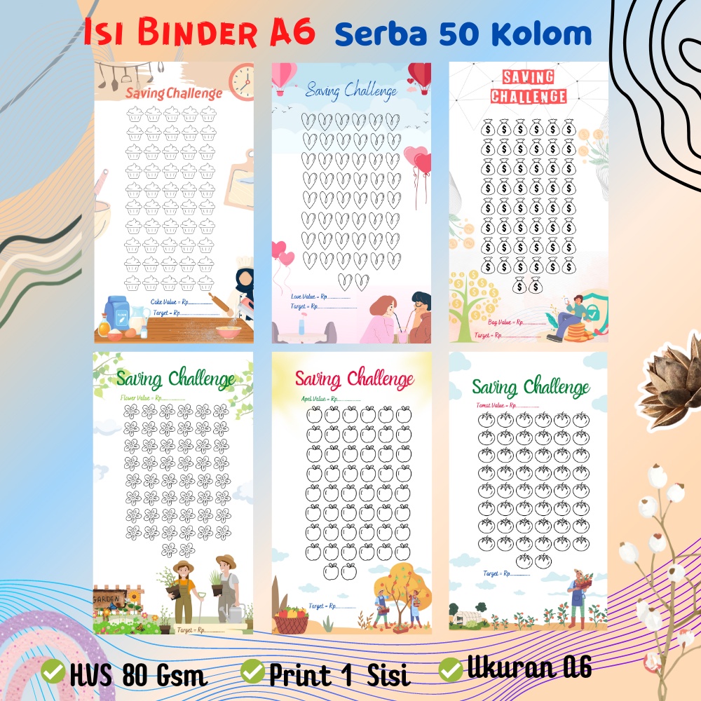 

Isi Binder A6 Saving Challenge / Tantangan Menabung ( Serba 50 Kolom )