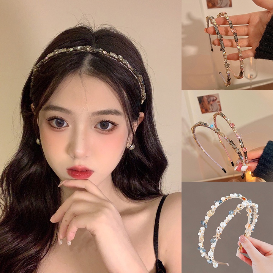 Korea Alloy Kristal Berlian Imitasi Bando Wanita Berlian Mutiara Tipis Rambut Band Aksesoris Rambut Elegan