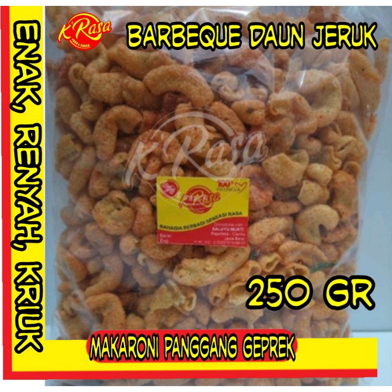 

makaroni geprek daun jeruk 250 gr rasa barbeque pedas. enak gurih dan renyah ga keras