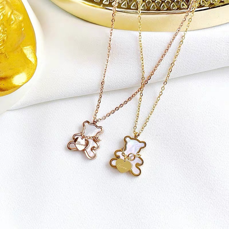 Kalung Klavikula Hias Liontin Beruang Teddy Bahan Titanium Steel 18K Warna Rose Gold