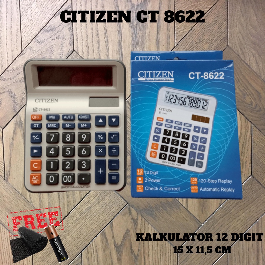 

Kalkulator Sedang Baterai AA 12 Digit Auto Correct Auto Replay Double Power 15 x 11,5cm CT 8622