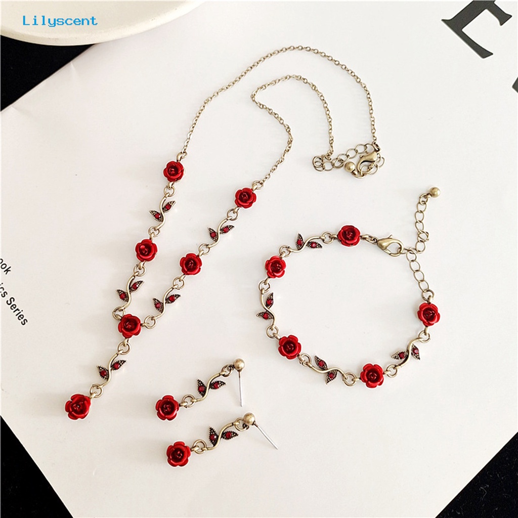 [LS] 1set Wanita Rose Kalung Gaya Perancis Retro Elegan Rantai Emas Peri Hadiah Adjustable Bunga Merah Gelang Stud Anting Kit Perhiasan Aksesoris