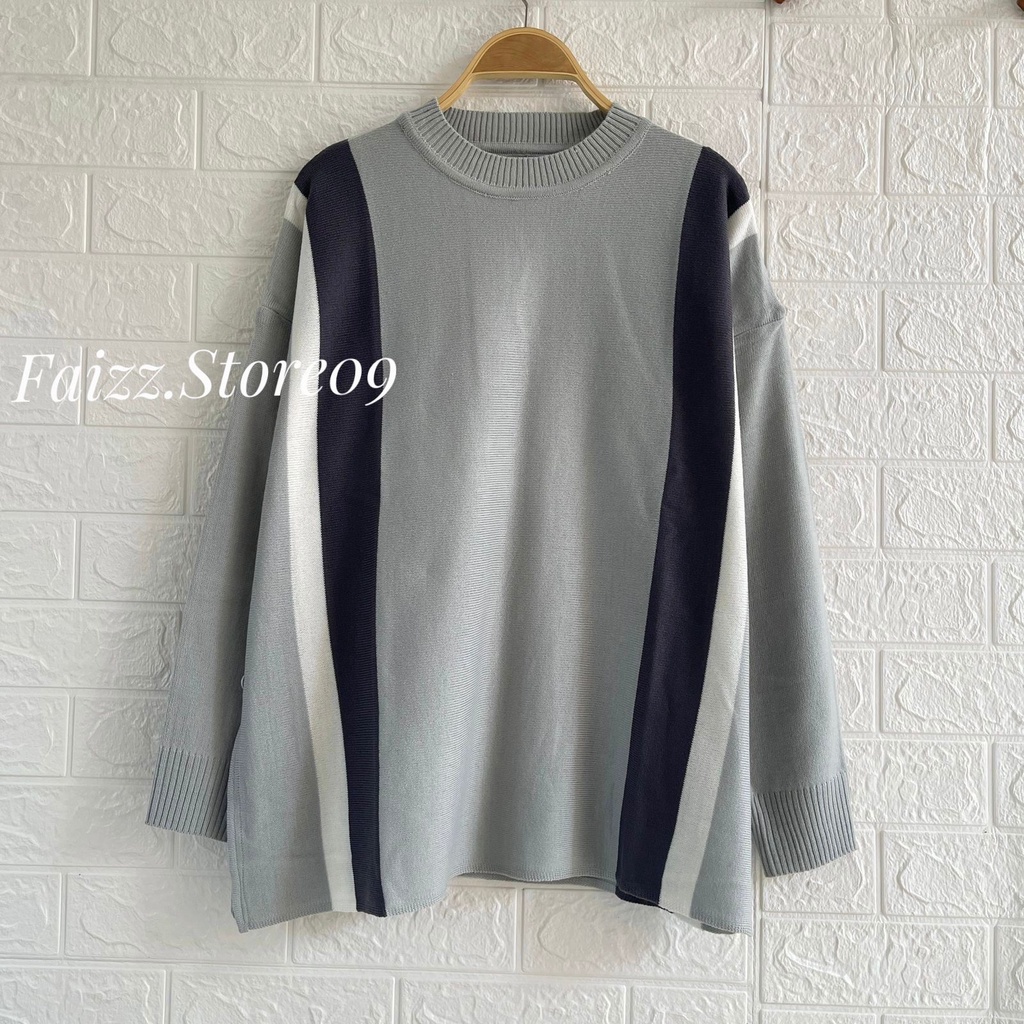 LENORA ATASAN SWEATER OVERSIZE STIRPE MOTIF KANCING SAMPING TERBELAH