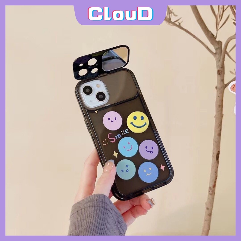 IPHONE Fashion Flip Make Up Mirror Case Kompatibel Untuk Iphone11 7Plus 8Plus X XS Max XR 13 11 14 12 Pro Max7 8 Plus SE 2020 Kreatif Lucu Kartun Smiley Soft Case