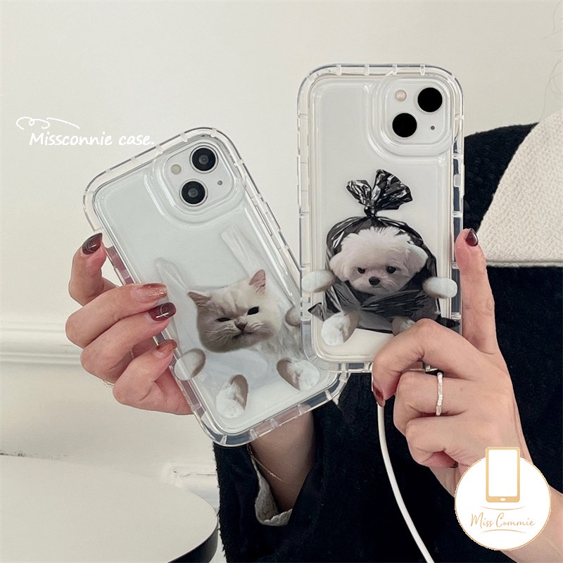 IPHONE Casing Ponsel Pasangan Kompatibel Untuk Iphone11 12 14 13 Pro Max XR X7 8 6 6s Plus XS Max Kreatif Kantong Plastik Lucu Anjing Kucing Bening Shockproof Airbag Lembut Tpu Penutup Belakang