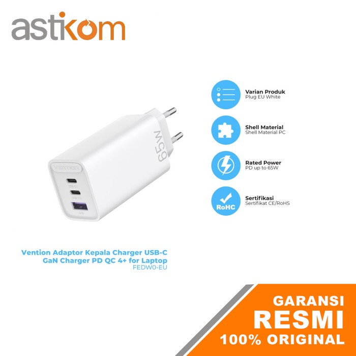 Vention Kepala Batok Charger USB-A + 2 Port USB-C GaN 65W PD QC4+ FED