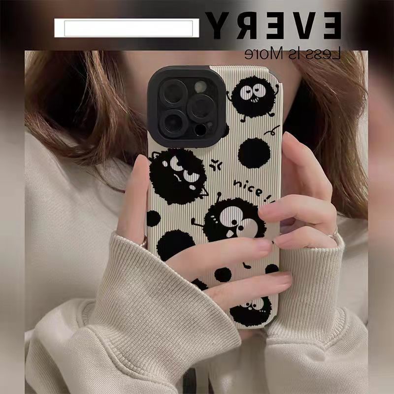Leather Soft Case for iPhone 7 Plus 8 Plus X XS XR XS Max 11 13 12 14 PRO Max 14 Plus Cute Black coal ball Ins girl