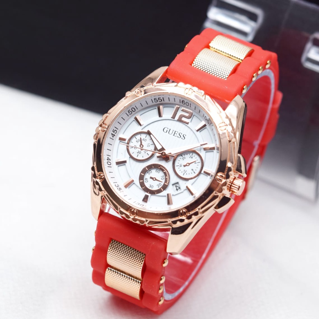 Jam Tangan Wanita Guess Hb Tali Rubber Body Bulat Plat putih Chrono Variasi Tanggal Aktif