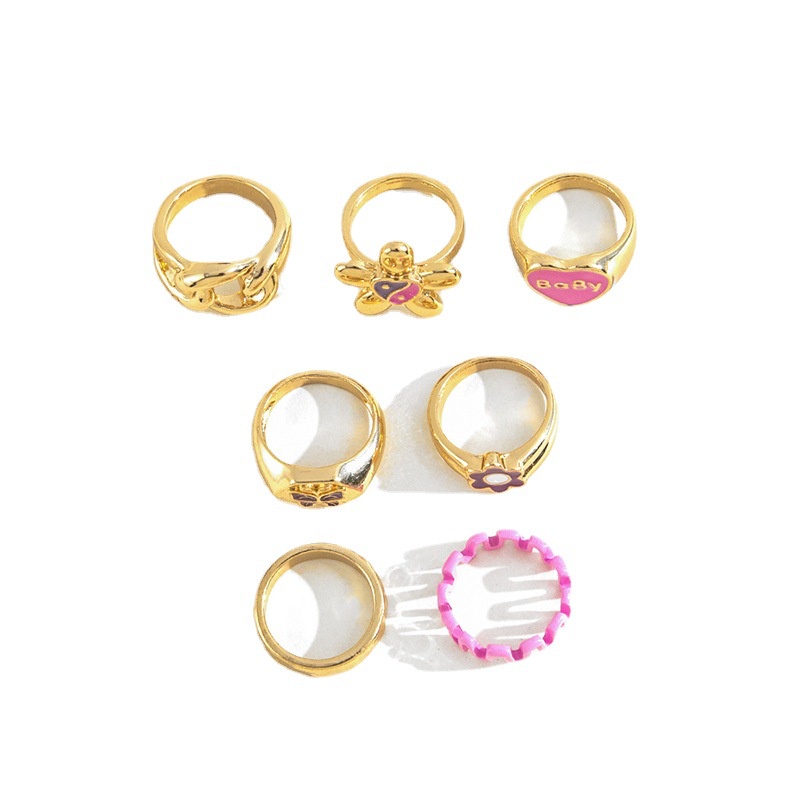 Fashion Gadis Berlebihan Warna Drop Minyak Kura-Kura Taiji Kupu-Kupu Bayi Surat Rantai Cincin Set Cincin