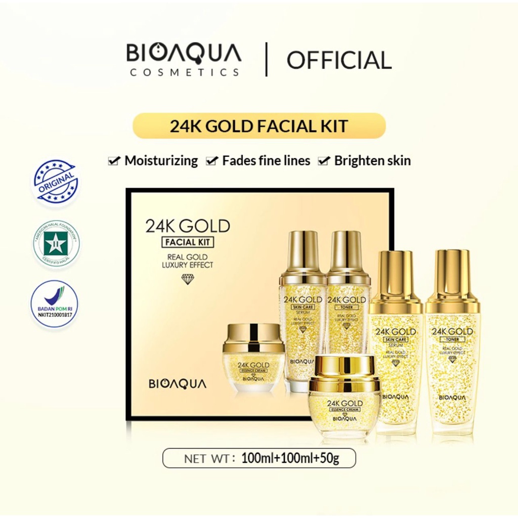 BIOAQUA 24K Gold Facial Kit Set / Package BPOM 24K Toner 100ml + 24K Serum 100ml + 24K Cream 50g