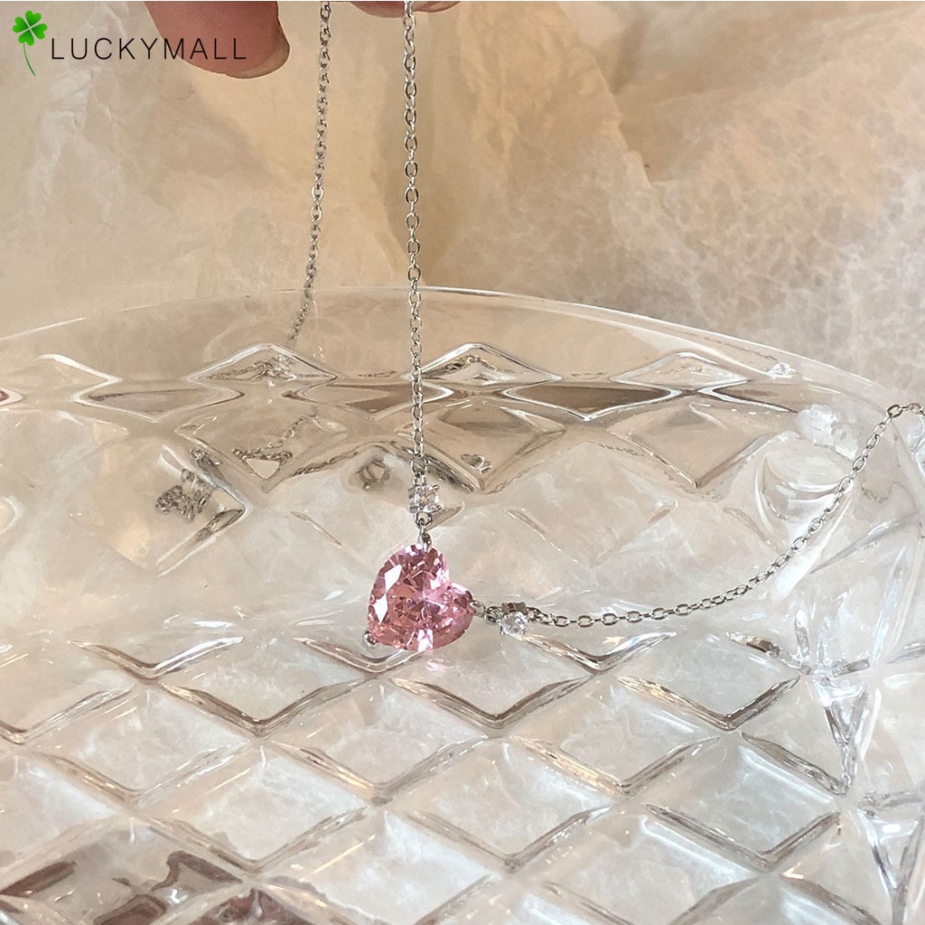 Fashion Kalung Rantai Hati Kristal Pink Liontin Elegan Untuk Aksesoris Perhiasan Wanita