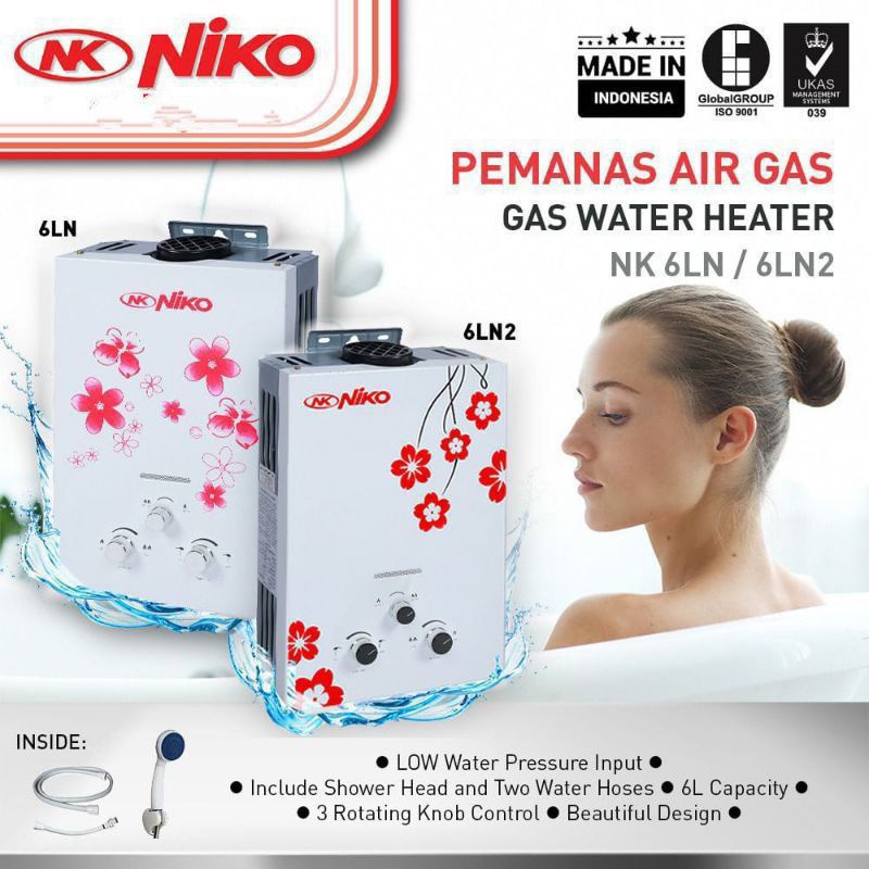 Niko , NK-6LN Putih / NK-6LDN Hitam . Water Heater , Water Hiter , Water Heter ,  Pemanas Air ,  Niko Gas