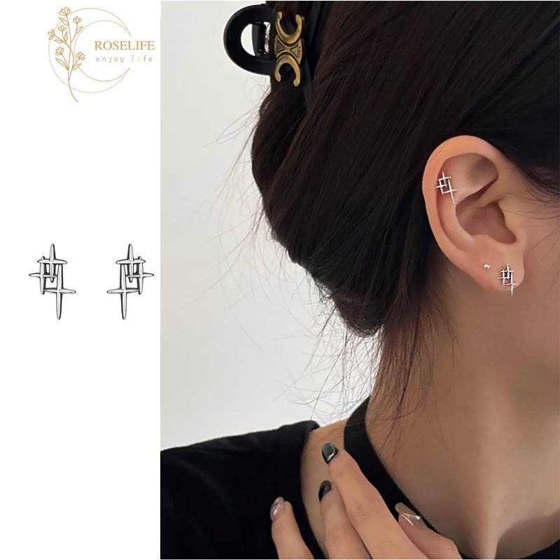 Roselife Bergaya Unisex S925 Perak Salib Bintang Stud Anting-Anting Untuk Wanita Pria Fashion Geometris Salib Anting Perhiasan 1pasang