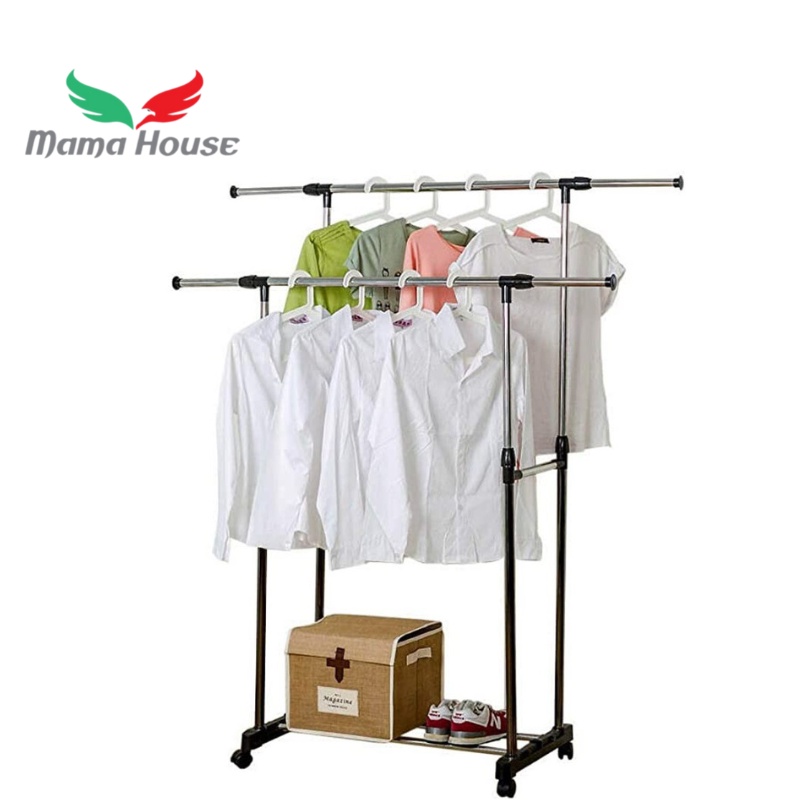 [MH] Rak Baju Gantung Stand Hanger Double Serbaguna 4 Roda Stainless Steel Portable