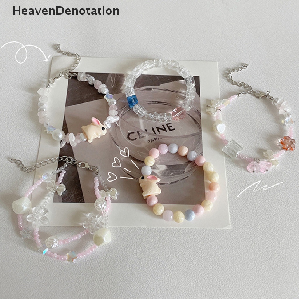 [HeavenDenotation] Baru Handmade DIY Goth Lucu Permen Warna Pink Kartun Bunga Manik-Manik Gelang Untuk Perempuan Kelinci Elastis Gelang Perhiasan Aksesori HDV