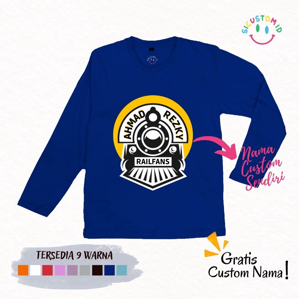 TERLARIS BAJU KAOS ANAK TANGAN PANJANG CUSTOM GRATIS NAMA KARTUN KERETA API/RAILFANS/TRAIN FREE 1-12 TAHUN NAMA