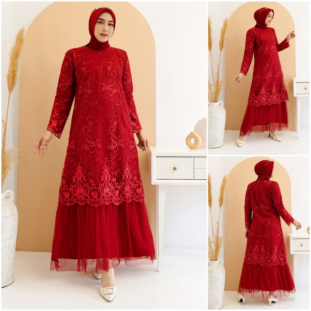 (Pasti RealPict) Gamis Arini FULL Tile Bordir Mutiara Glitter Brukat Tulle Brokat Maxi Dress Pesta