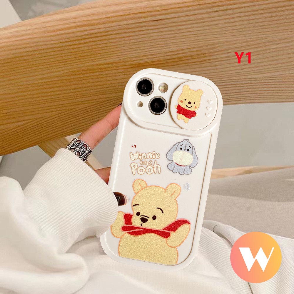 IPHONE Kartun Pasangan Case Kompatibel Untuk Iphone11 13 12 Pro Max 7Plus XR 6Plus X XS Max Cute Strawberry Bear Manyo Winnie the Pooh Pull Push Window Pelindung Kamera Soft Cover