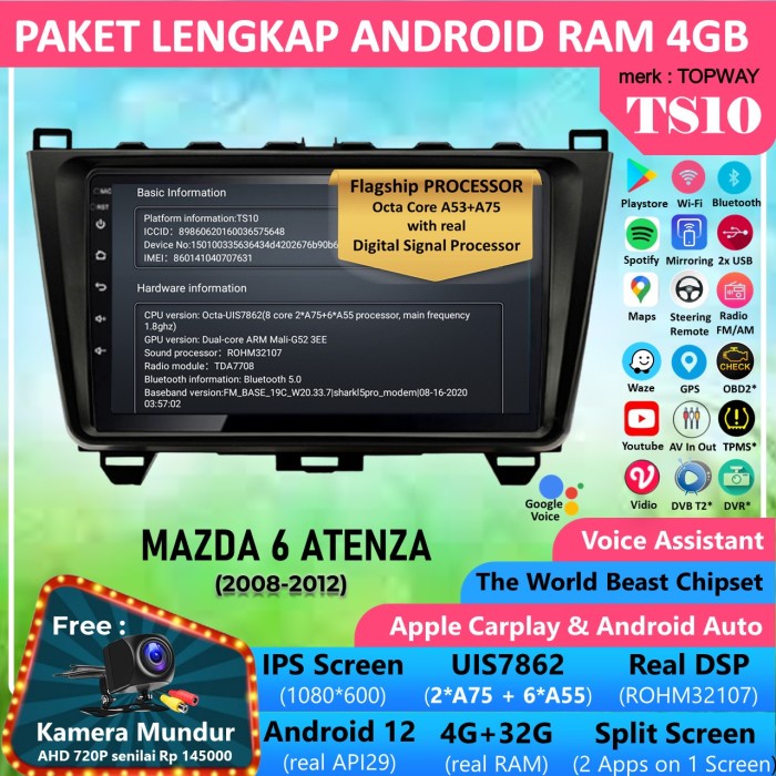 Frame+Soket+Headunit Android Mazda 6 Atenza 2009 TS10 RAM 4GB 4G IPS - Paket Lengkap