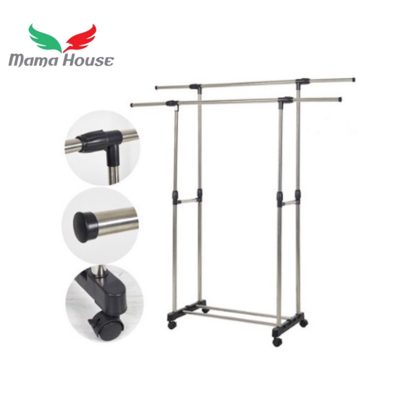 [MH] Rak Baju Gantung Stand Hanger Double Serbaguna 4 Roda Stainless Steel Portable