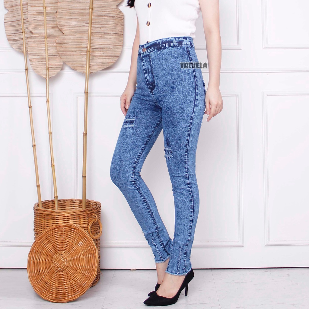 Hw Jeans Ripped Snow Sorana / Celana Pensil Panjang Wanita / Celana Jeans Pensil Wanita