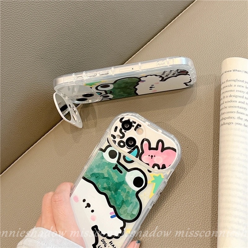 Flip Kreatif Make Up Mirror Case Kompatibel Untuk IPhone 14 Pro MAX 7Plus 8Plus XR 11 12 13 14 Pro MAX X XS MAX SE 2020 Graffiti Lucu Kartun Hewan Kodok Anjing Kelinci Soft Cover