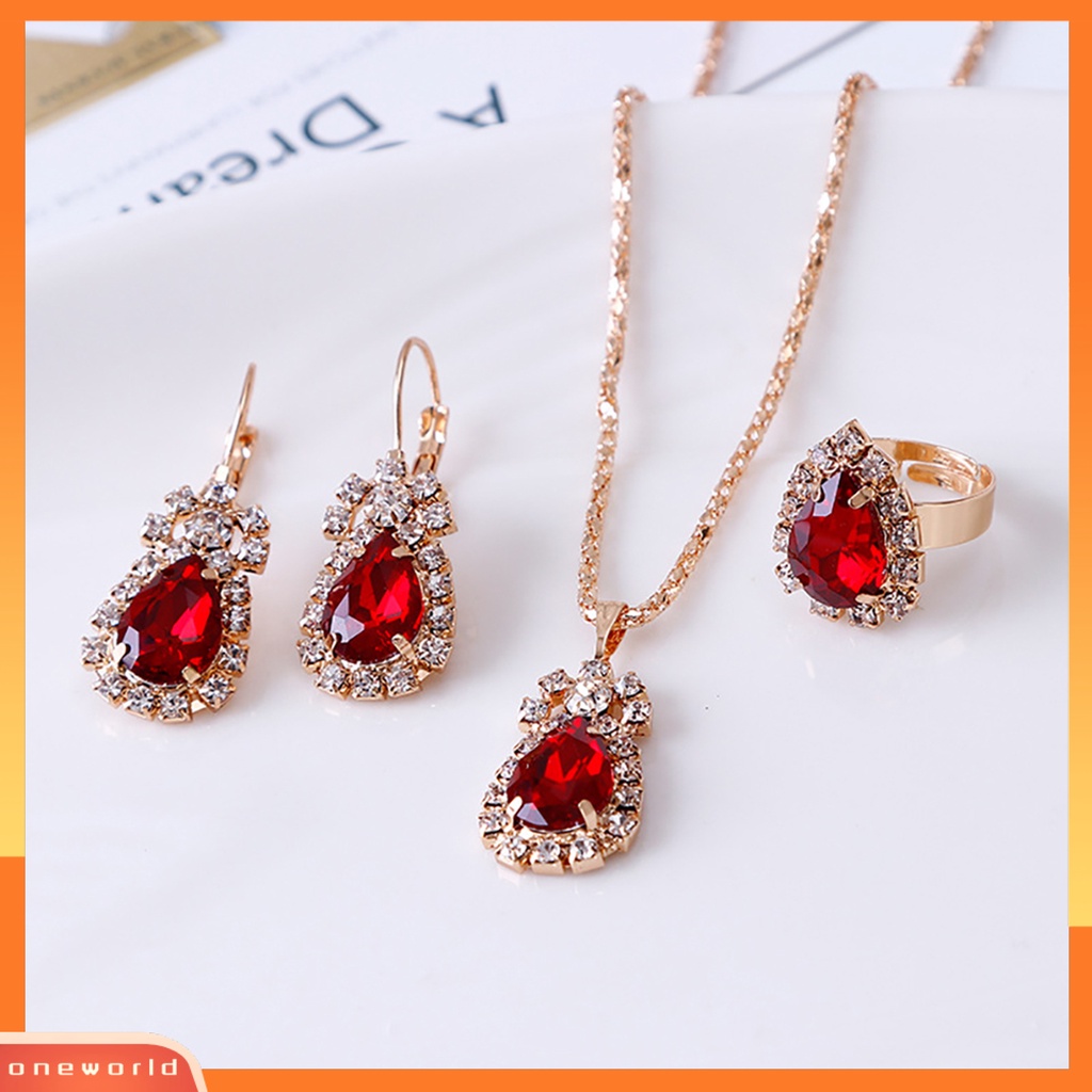 OW@ Jewelry Set Eye-catching Easy Matching Women Waterdrop Shiny Rhinestone Necklace Ring Earrings for Party