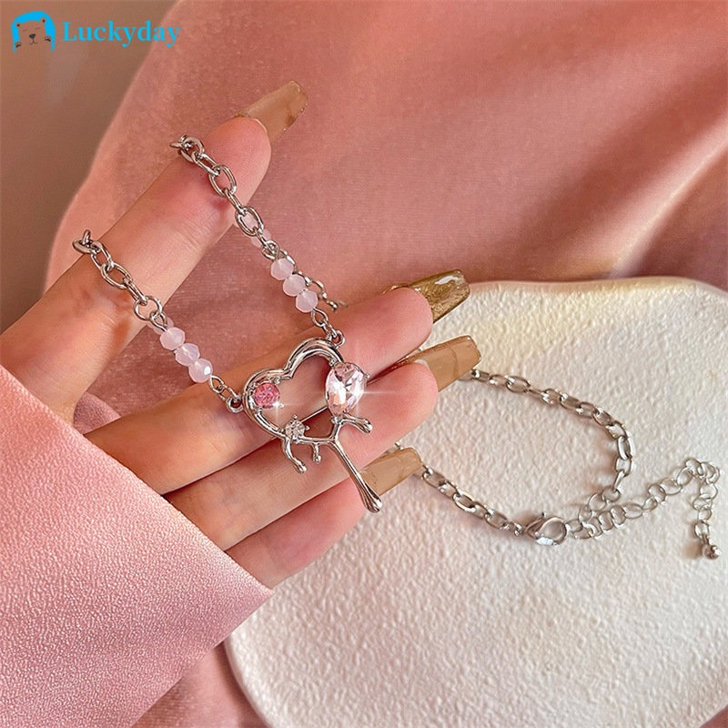 YEEZII Sweet Pink Zircon Heart Pendant Necklace Untuk Wanita Rantai Perak Choker Perhiasan Aksesoris