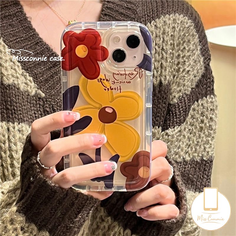 Ins Korea Lukisan Cat Minyak Case Kompatibel Untuk iPhone 7Plus 8Plus 11 13 12 14 Pro Max X XR 6 6s 8 7 Plus XS Max SE 2020 Fashion Bunga Lembut Tpu Shockproof Airbag Phone Cover