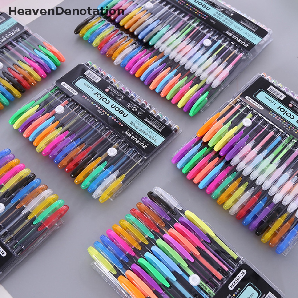 [HeavenDenotation] 12 /18 /24 /36/48Pcs Warna Glitter Sketsa Gambar Color Pen Marker Gel Pen Set Isi Ulang Rollerball Pastel Penanda Neon Alat Tulis Kantor Sekolah HDV