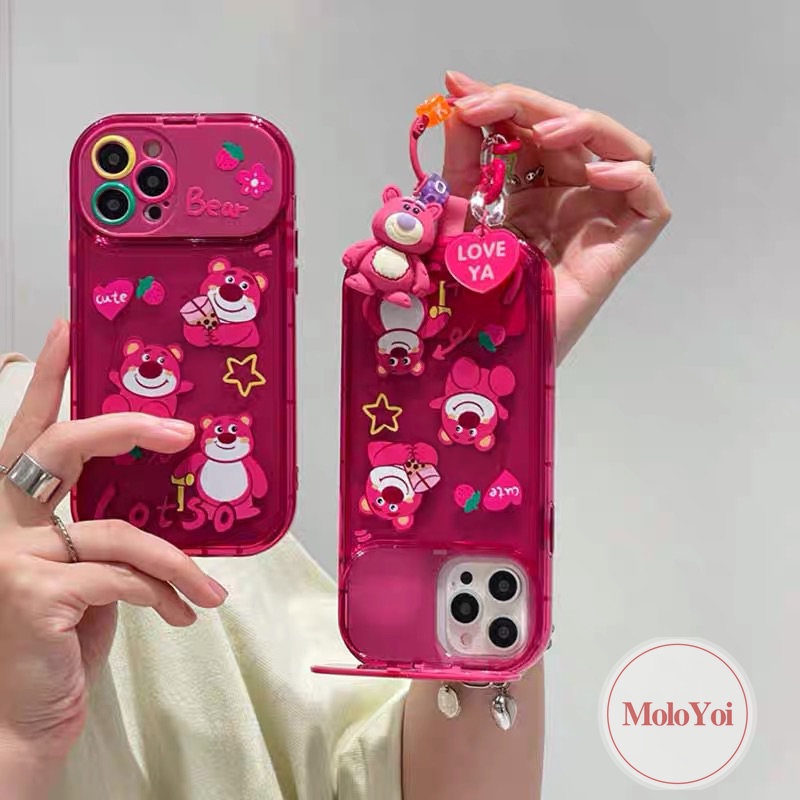 IPHONE Case Manyo Beruang Strawberry Kartun Lucu Kompatibel Untuk Iphone11 14 12 13 Pro MAX XR 7 8 14 Plus X XS MAX SE 2020 Flip Make Up Cermin Shockproof Soft Case