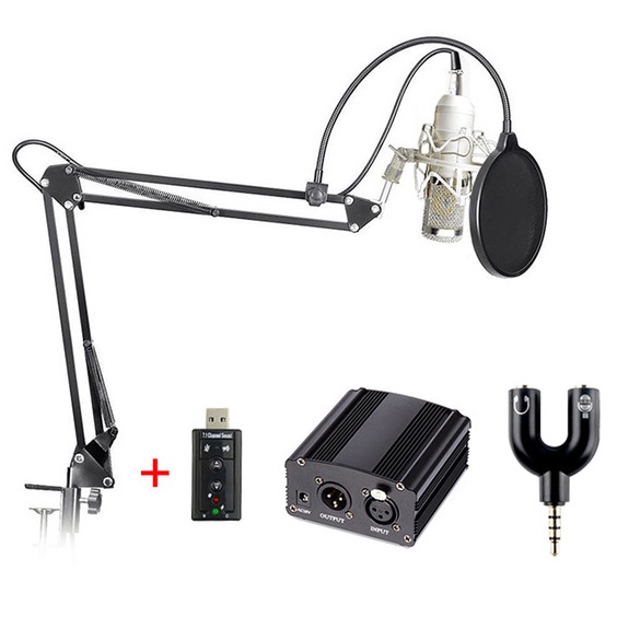 TaffSTUDIO BM-800 Paket Smule Condenser Microphone + Scissor Arm Stand + Phantom Power 48V + Sound Card + Pop Filter + Splitter