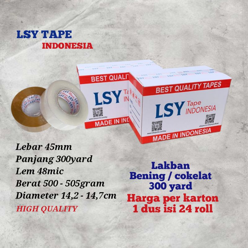 

lakban bening / cokelat 300yard 1 dus isi 24 roll LSY TAPE ( CBM )
