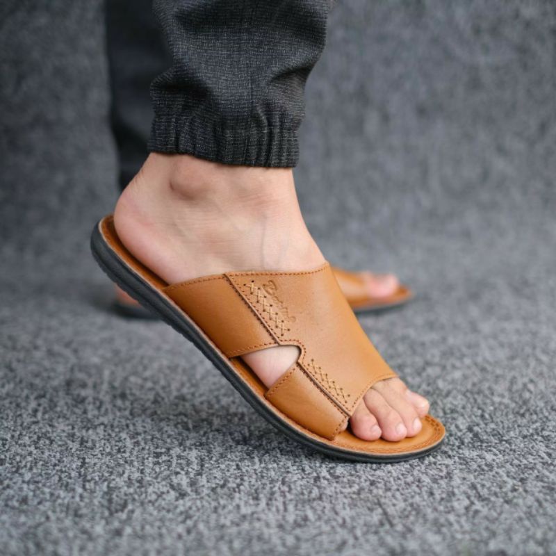 BRLNS1 TAN (KULIT ASLI) Sandal Pria Full Kulit Asli Sendal Cowok Selop Santai Casual