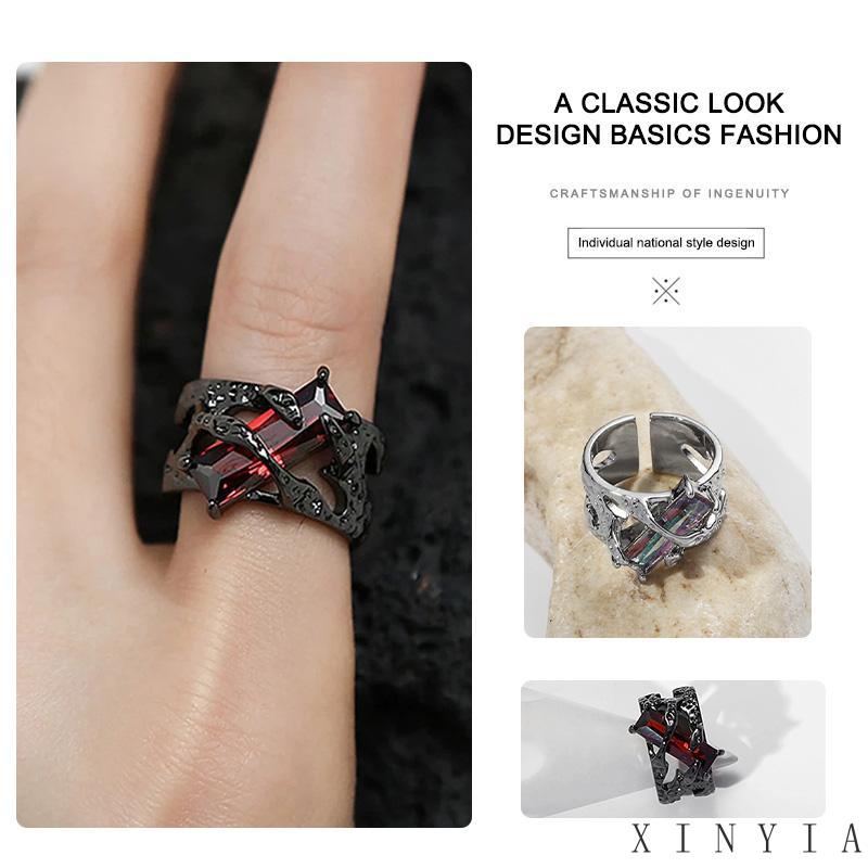 【COD】Vintage Merah Geometris Berlian Imitasi Cincin Niche Kepribadian Punk Logam Berongga Gelap Wanita Pria Perhiasan