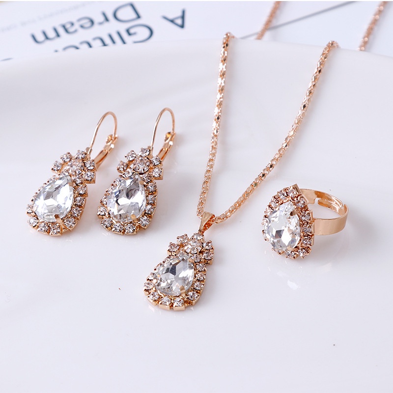 Set Kalung Anting Cincin Berlian Imitasi | Set Perhiasan Untuk Pengantin | Aksesoris Wanita | Aksesoris Bahan Stainless Steel